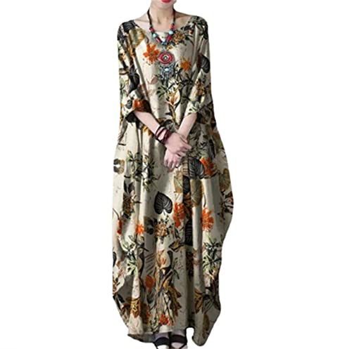 [Exsaupy] リネン ワンピース レディース 無地 七分袖 ロングワンピース 大きいサイズ 復古 プリント 綿麻ワンピース 花柄 エスニック チュニック マキシ丈 トップス ナチュラル 体型カバー ゆったり マキシワンピース ふんわり きれいめ 春夏