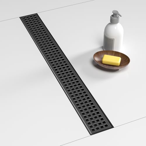 Image of BARONAGE 48 Inch Linear Drain Shower Rectangular Floor Drain with Removable Square Hole Cover and Hair Catcher, Long Shower Drains 304 Stainless Steel CUPC Certified (Matte Black)
