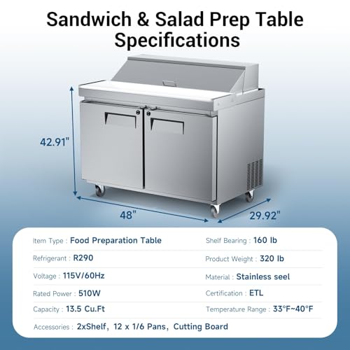 Image of 48 inch W Commercial Salad Bar Refrigerator, 2-Door Stainless Steel Buffet Station with 12 Pans, Fan Cooling, Adjustable Temperature Control, Sandwich Prep Table for Restaurants Bars Commercial Kitchens