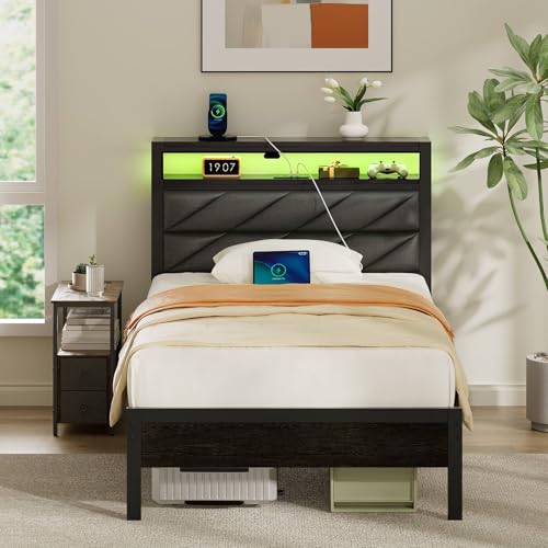 Rolanstar Bett 90x200cm mit LED Beleuchtung, Metallbett mit Gepolstertem Kopfteil & Stauraum, Bettgestell 90x200 Einzelbett mit Ladestation, Bettrahmen mit Lattenrost für Kinderzimmer, Jugendzimmer