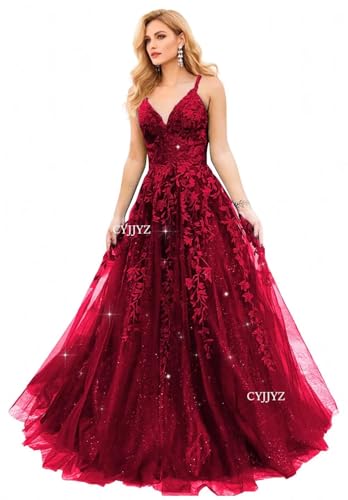 CYJJYZ Tulle Lace Appliques Sparkly Prom Dresses 2026 A Line Ball Gown with Slit V Neck Formal Party...