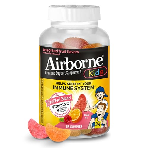 Airborne Vitamin C 500mg (per Serving) – Assorted Fruit Flavored Kids Gummies (63 Count in a Bottle), Gluten-Free Immune Support Supplement with Vitamins C E, Selenium