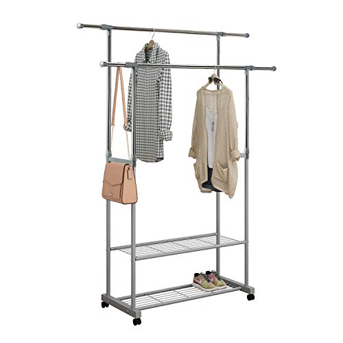 HOME BI Adjustable Garment Rack with 2 Tier Metal Shelf for Shoes Boxes, Rolling Clothes Organizer, High Capacity,Stainless Steel,Heavy Duty up to 110 pounds,Grey