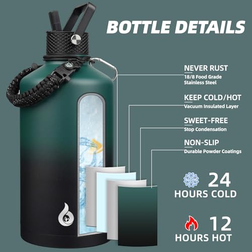 Image of BJPKPK 1 Gallon Water Bottle with Straw Lid, 128oz Large, Stainless Steel Water Bottles with 3 Lids and Paracord Strap, Double Wall Vacuum Metal Water Jug, Army Green & Black