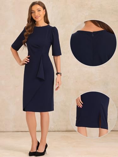 Allegra K Ruched Dress for Women's Short Sleeve Business Work Dress Trendy2
