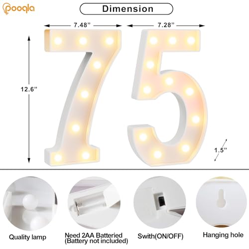 Image of Pooqla 75th Birthday Decorations for Women Men, Large 12.6 in Tall Light Up Numbers for Party Decorations Table Decor, Big Marquee Numbers 75th Birthday Gift for Women Men Wedding Anniversary Decor