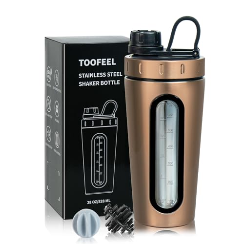 TOOFEEL Stainless Steel Shaker Bottle - 28 oz Metal Shaker Cups for Protein Shakes, 2 Whisk Ball, Not Stays Cold/Hot, Visible Window Protein Shaker Bottle, Gym Workout Leakproof Water Bottle