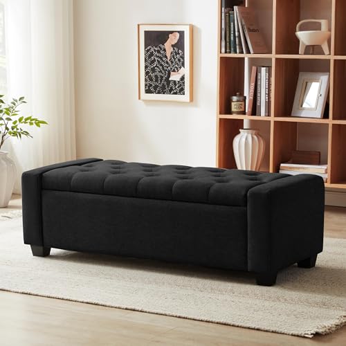Image of Huatean Home 48 inch Ottoman with Storage, Black Storage Ottoman Bench with Safety Hinge, Upholstered Entryway Bench with Seating for Bedroom, Living Room, Holds up to 330 lb