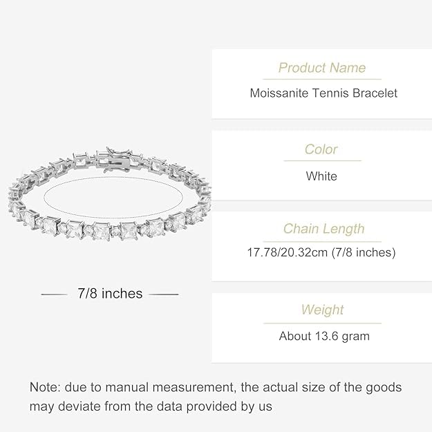 Shiny Moissanite Tennis Bracelet in 14K Gold, Round and Square Cut White Stones, Elegant Jewelry for Women, Mother's Day Gift (White Gold, 8Inch)2