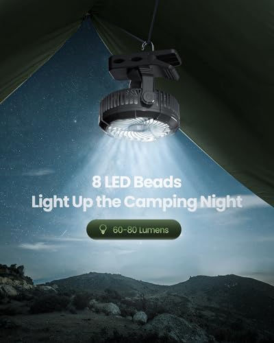 Gaiatop Tragbarer Campingventilator mit LED-Laterne, 4000 mAh persönlicher wiederaufladbarer USB-Ventilator, 360° drehbar, leiser kleiner Ventilator mit LED-Digitalanzeige & Aufhängehaken,