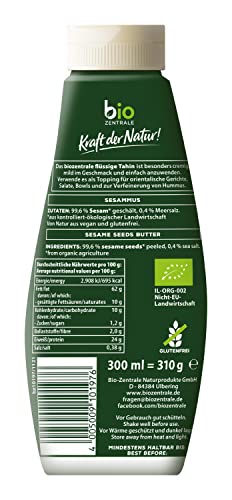 biozentrale flüssiges Tahin | 310 g | vegan & glutenfrei | in der Squeezeflasche, schütteln & fertig | Proteinquelle | Sesampaste als Topping für Bowls oder zum Verfeinern von Dips