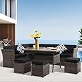 YOCONYO Patio Furniture Set, 7 Pieces Outdoor Dining Sets, All Weather Rattan Conversation Set Outdoor Dining Sectional Sofa with Dining Table, Ottoman (Brown-Black, A-7 Pieces)