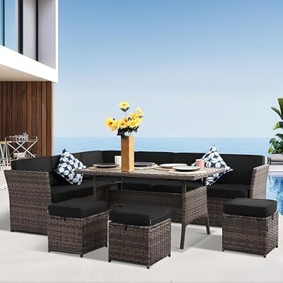 YOCONYO Patio Furniture Set, 7 Pieces Outdoor Dining Sets, All Weather Rattan Conversation Set Outdoor Dining Sectional Sofa with Dining Table, Ottoman (Brown-Black, A-7 Pieces)