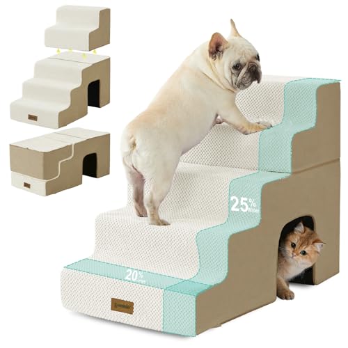 Image of ZOMISIA Dog Steps for High Beds - 5 Step 24 inch H Pet Stairs with Tunnel 2 in 1 with Zippers Suitable for Small Dogs and Cats, Indoor Cat Ladders with Non-Slip Bottom, Beige