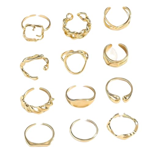 Image of 12 Pcs Gold Rings for Women, Adjustable Stainless Versatile Chunky Golds Rings, Ladies Gold Ring Set, Accessories for Women Party,Daily Wear,Travel,Vacation