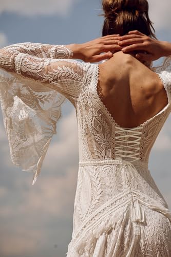 Women Beach Lace Wedding Dress V Neck Long Bell Sleeves Low Back Tasseled Boho Tasseled Formal Bridal Gowns4