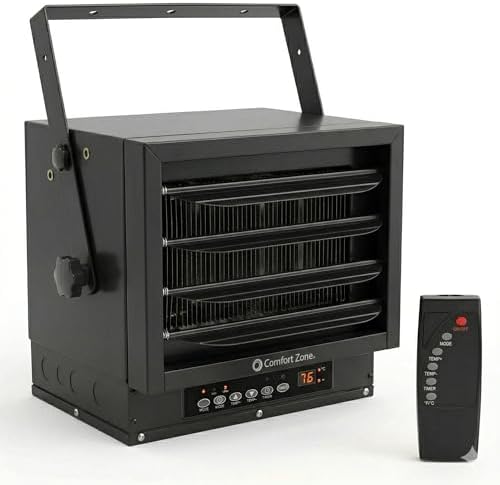 Comfort Zone Hard-Wired Ceiling Mount Garage Space Heater with Remote, 7,500 Watt, 240 Volt, Fan-Forced, Overheat Protection, Digital Thermostat, 12-Hour Timer, Ideal for Garage & Workshop, CZ230ERBK
