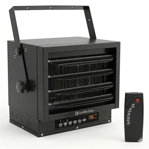 Comfort Zone Hard-Wired Ceiling Mount Garage Space Heater with Remote, 7,500 Watt, 240 Volt, Fan-Forced, Overheat Protection, Digital Thermostat, 12-Hour Timer, Ideal for Garage & Workshop, CZ230ERBK by Comfort Zone - Used condition - US$130.01