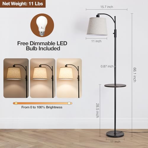 Image of AIDENOEY Fully Dimmable Floor Lamp for Living Room,Standing Lamp Rotary Switch with Table&Linen Beige Shade,Black Tall Lamps for Bedroom with Adjust Head,9W LED Bulb Included