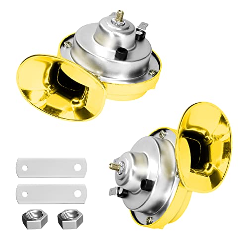 BLAU GRUN 2PCS 300DB Super Loud Train Horns, 12V Waterproof Air Horns Replacement Kit, Car Air Electric Snail Double Horn, Automotive Accessories Universal for Motorcycle, Truck, Bike, Boat (Gold)