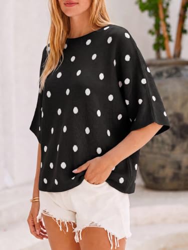 Image of Cicy Bell Womens Oversized Short Sleeve Sweaters Tops Knit Fall Pullovers | Half Sleeve Trendy Casual Loose Fit Sweater, Heart&ploka dot&floral pattern,Knitted Boat Neck Work Top for Teachers
