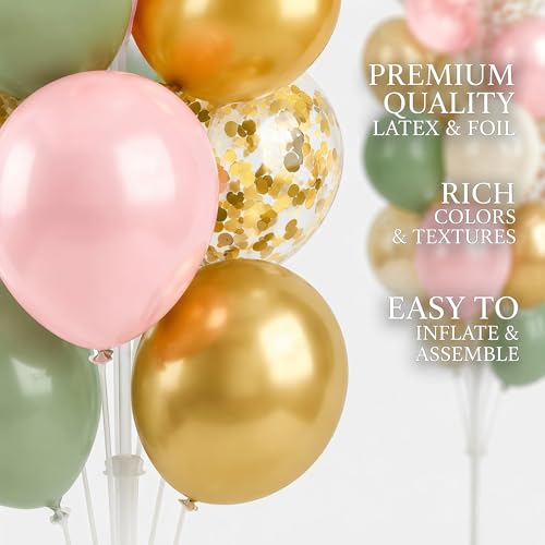 Image of Hiins Balloon Column Kit Set of 2 With Balloons Included - with Base, and Pole,Balloon Tower Backdrop Decoration for Wedding, Baby Shower, Birthday Party, or Bachelorette Parties (Sage Green Gold)