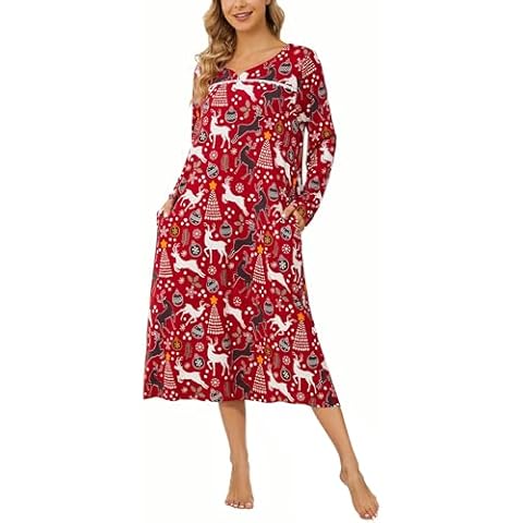 AVIIER Long Sleeve Nightgowns for Women Soft Cotton Gowns Sleepwear Ladies House Dresses with Pockets Christmas Red XXL Cover