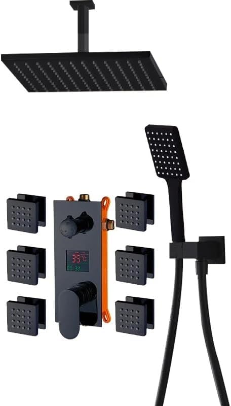 Douche à effet pluie contre les variations de température avec mitigeur noir