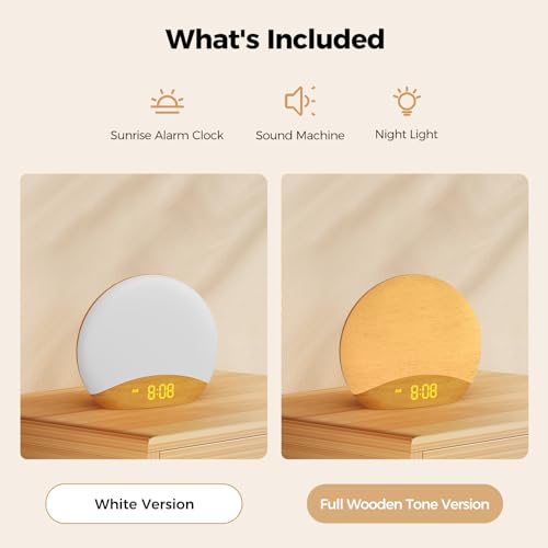 HOUSBAY Sunrise Alarm Clock Sound Machine, Wake Up Light- Soothing Sleep Sounds, Gentle Sunrise Alarm, Dimmable Night Light, Digital Clock & White Noise for Sleeping, Bedroom (Full Wooden Tone) - Image 3
