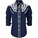 UpFind Western Shirts for Men Cowboy Shirts Long Sleeve Embroidered Country Shirt Slim Fit Button Down Shirt Casual Work Shirts Blue