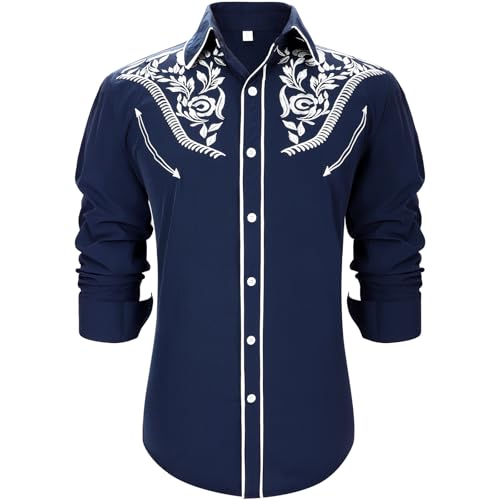 Image of TRIWORKS Blue Mens Sowboy Shirts Long Sleeve Casual Vintage Embroidery Country Western Shirts for Men Slim Fit Button Down Shirt Casual Work XL