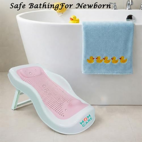 Image of MOM CARE Foldable Baby Bath Support Seat for Newborn (0-6 Months) | Anti-Slip Silicone Baby Bather | Ergonomic Infant Bath Seat for Sink, Tub & Floor | Portable Newborn Bath Support Chair | Pink