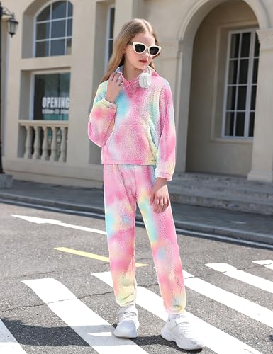 Image of Shallmu Girls Fuzzy Bear Ear Plaid Hoodie Pullover Sweatshirt with Pocket Sweatpants Fall Winter 2 Piece Outfits