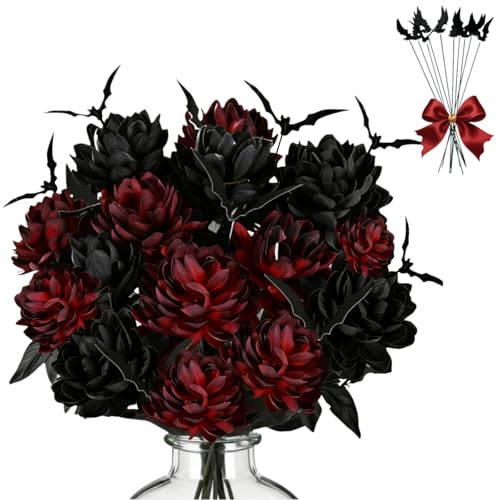Halloween Flowers Bouquet: Lifelike Burgundy, Red, & Black Flowers & Bats for Indoor & Outdoor Halloween Decor, 20-Piece Set