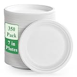 Vplus 350 Pack Paper Plates 7 inch 100% Compostable, Heavy-Duty Disposable Paper Plates Bagasse Natural Biodegradable Eco-Friendly Sugarcane(White)