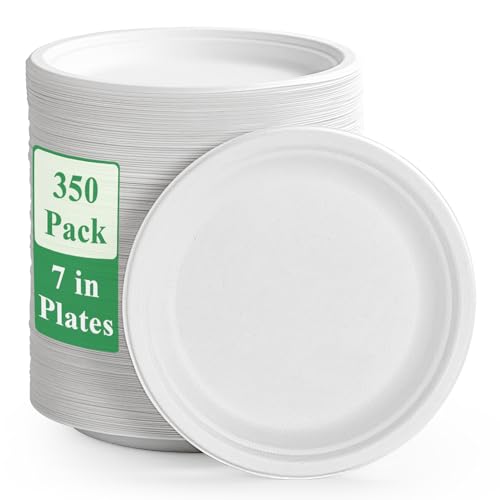 Vplus 350 Pack Paper Plates 7 inch 100% Compostable, Heavy-Duty Disposable Paper Plates Bagasse Natural Biodegradable Eco-Friendly Sugarcane(White)
