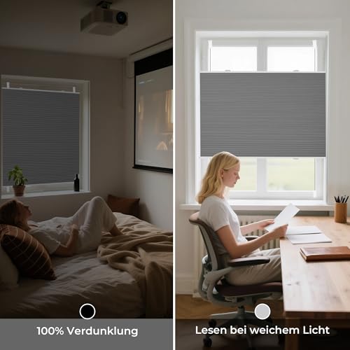 Allesin Wabenplissee ohne Bohren - Verdunklungsplissee 100% Blackout,Grau-weiß 75x90 cm Thermo & Schallschutz Plissee Klemmfix für Fenster… – Ansicht 5