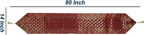 Image of Traditional Brocade Silk Table Runner for Living Room 4 to 6 Seater Dining Table Runner Elephant End Tassels 14x80 Inches (Maroon)