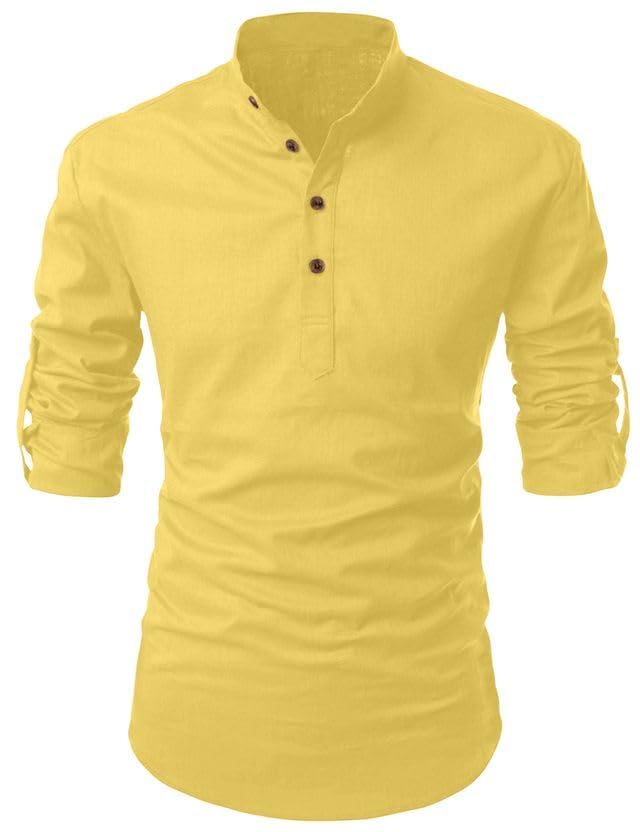 Image of Fifth U Men's Cotton Polyester Blend Solid Mandarin Collar Self Design Full Sleeve Casual Short Kurta