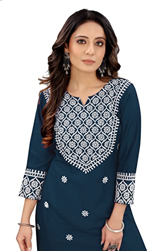 Image of Women's Rayon Embroidered Straight Kurti Under 499 Designer Attractive Look Women's Kurta