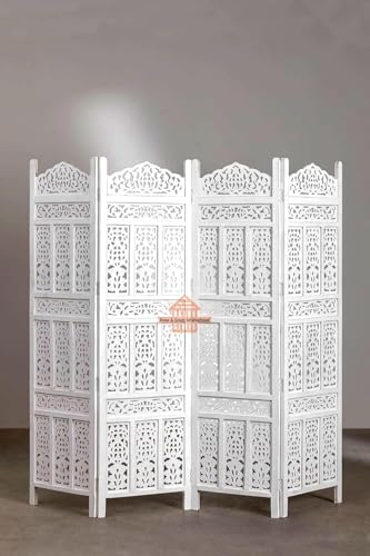 Image of Home & Goods International Foldable Wooden Room Divider Partition - Stylish Privacy Screen for Home, Office, Studio, Salon - Kangra Badrun, White (4 Panel)