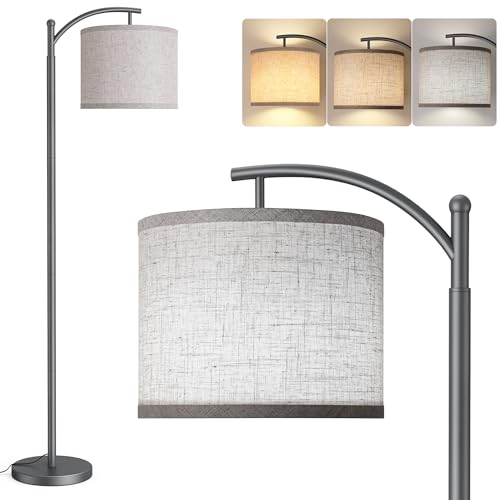 Image of Floor Lamp for Living Room with 3 Color Temperatures LED Bulb, Standing Lamp Tall Industrial Floor Lamp Reading for Bedroom, Office (9W LED Bulb, Beige Lampshade Included) -Grey