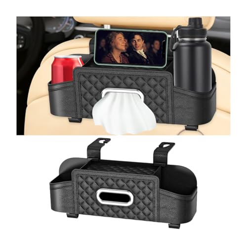 SWPHRT Car Headrest Backseat Organizer Multifunctional Vehicle Seat Back Hanging Storage Box with Cup Holder and Hooks Automotive Interior Headrest Storage Organizer Universal Fit (Black)