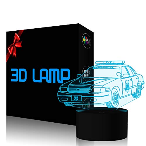 YKLWORLD Police Car Night Light 3D Optical Illusion Lamp LED Desk Table Lamp with Touch Switch Button Control 7 Colors Change USB Cable Lighting Toy for Car Lover Kids Boys Gift Room Decoration