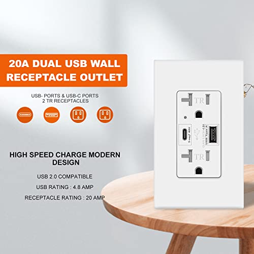 Usb C + A Outlet 4.8A 24W Wall Receptacle Smart Fast Charging 20 Amp Commercial, Tamper Resistant Wall Plate Included Ul Listed Not For Laptops Type C Micmi White 10 Pack #TOP1