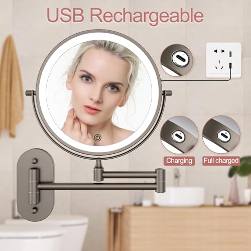 FUNTOUCH Wiederaufladbar Kosmetikspiegel mit 1X/ 10X Vergrößerung, Dimmbarer Rasierspiegel 3 Farben, Touchscreen LED Schminkspiegel, 360° Drehbar, Wandspiegel für Badezimmer und Hotel 2