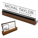 Artblox Personalized Office Desk Name Plate and Business Card Holder | Clear Acrylic Glass with Teak Wood Stand | Black Stripe Design Customized with Your Name and Credentials Office Desk Decor