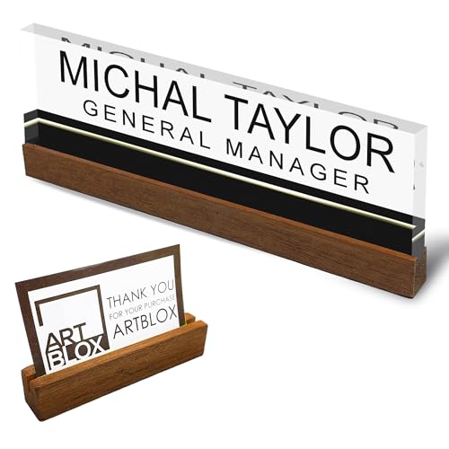 Artblox Personalized Office Desk Name Plate and Business Card Holder | Clear Acrylic Glass with Teak Wood Stand | Black Stripe Design Customized with Your Name and Credentials Office Desk Decor