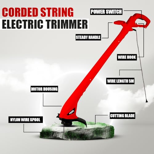 Image of OMADA Corded Electric String Trimmer for Home Garden, 250W Powerful Motor, 12500 RPM, Lightweight Plug-in Grass Cutter Machine with 5m Cable, 22cm Cutting Width for Lawn, Edges & Small Garden