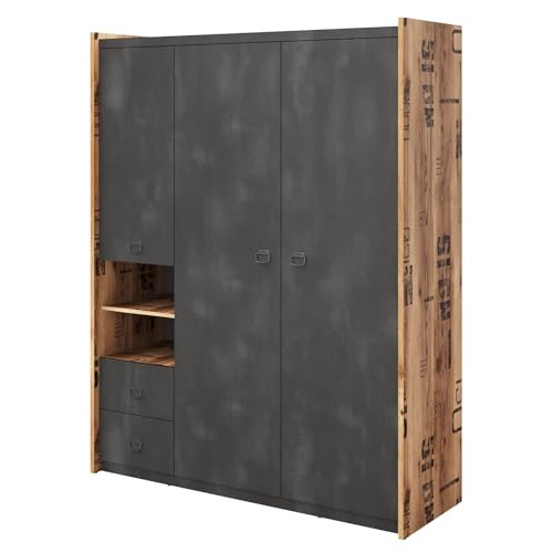 MEBLINI Kleiderschrank 3 Türig mit Schubladen, Einlegeböden und Kleiderstange für Kinderzimmer - Drehtürenschrank - Schrank mit Einlegeböden - Kleiderschrank Industrial Style - Fargo FG-01